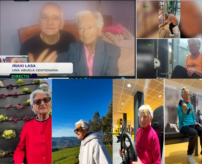 Collage of images with Inxa leaves - the woman in Spain for 100 years - with the son and the room