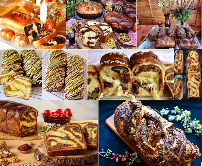 Collage of images with various assortments of cozonac for Easter table DMS collage