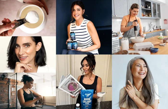 Collage of images with the various benefits of the collagen powder added in the Amazon photo coffee