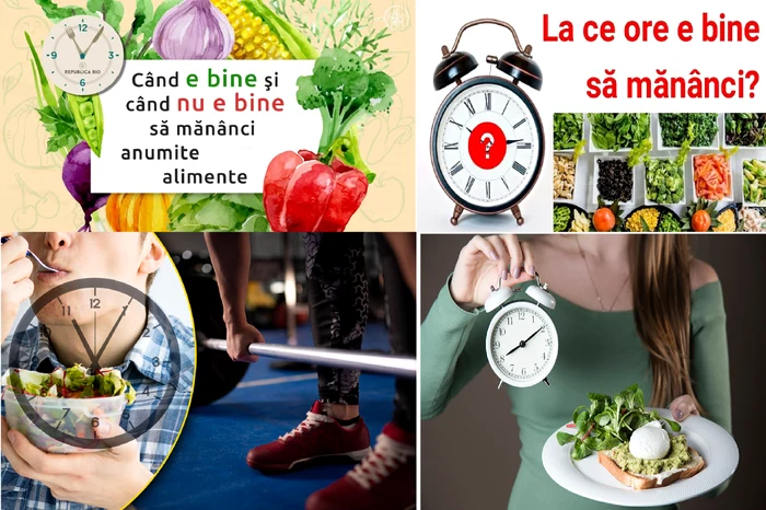 Collage of illustrations related to the schedule between which it is good to eat photo dms