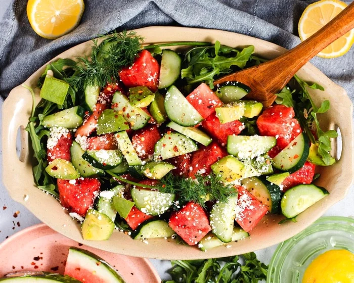A plate of detoxifying salad with watermelon and source cucumber Andreea Raicu