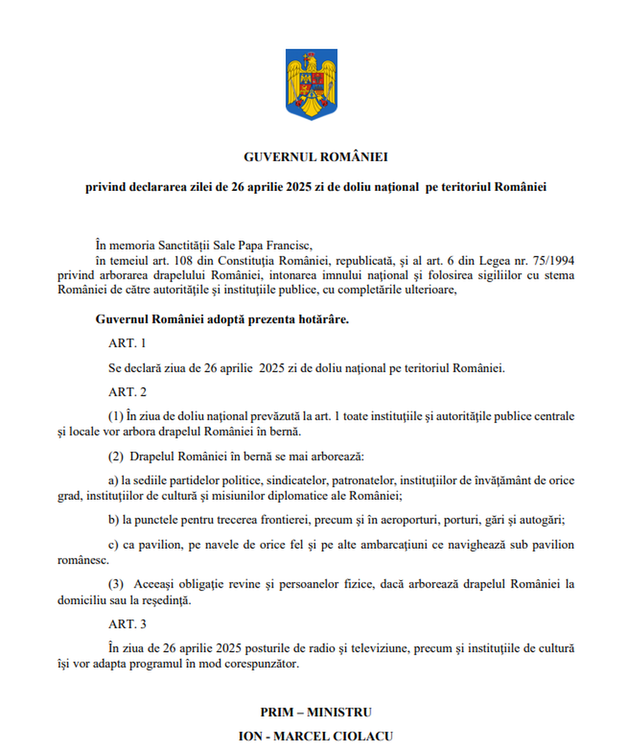 The Government Decision regarding the declaration of the day of April 26, 2025 day of national mourning on the territory of Romania The Government's decision came! What happens to the matches in Romania scheduled on the day when the funeral of the Pontiff will take place