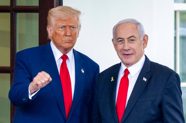 US President Donald Trump and Israeli Prime Minister Benjamin Netanyahu before meeting in the White House, Washington, April 7, 2025.