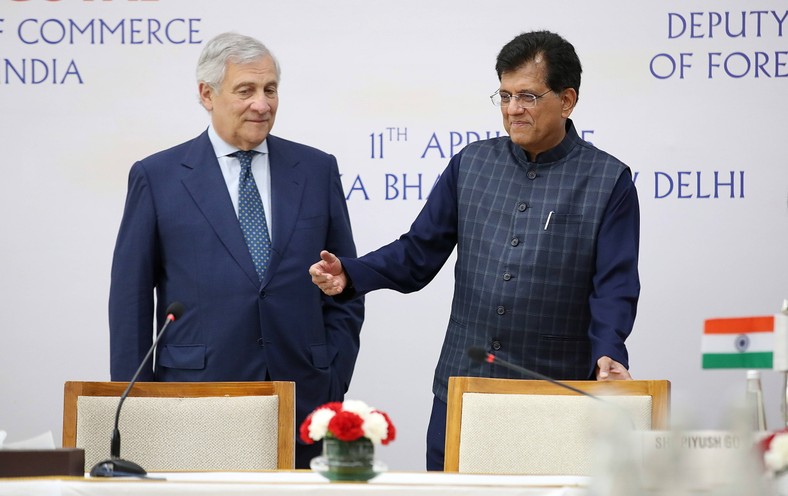 Foreign Minister of Italy Antonio Tajani (L) and Minister of Trade and Industry India Piusz Gojal during a press conference after a meeting in New Delhi, India, April 11, 2025.