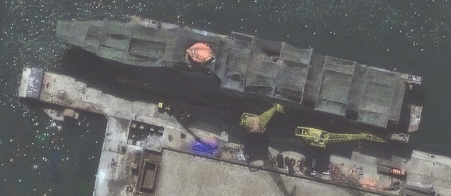 Close -up to the new frigate of North Korea in the NAMPO Shipyard.