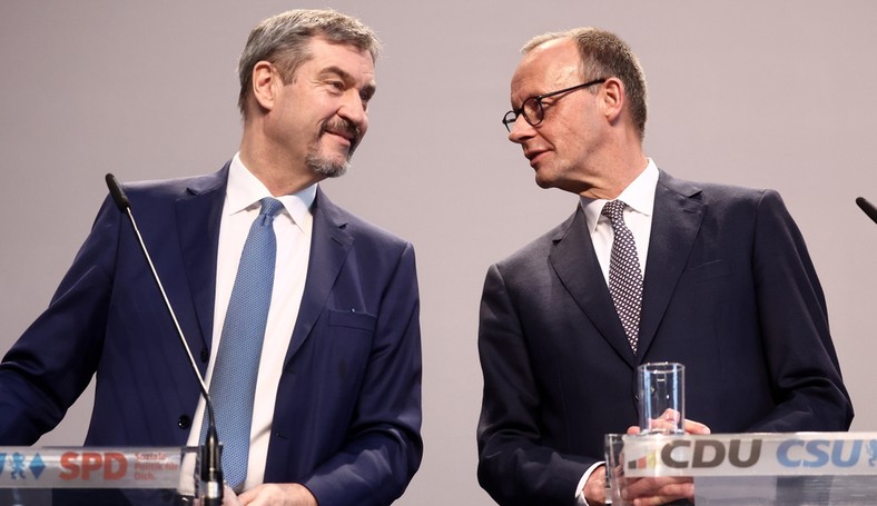 Markus Soeder, CSU leader, and Friedrich Merz, CDU leader. Berlin, April 9, 2025