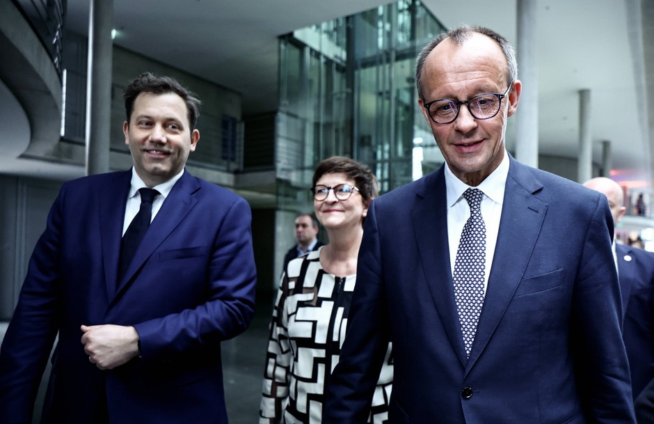 Chairman of the Christian Democratic Union (CDU) Friedrich Merz and co-chairman of the Social Democratic Party (SPD) Lars Klingbeil and Saskia Esten participate in a press conference on a joint coalition agreement, Berlin, Germany, April 9, 2025.