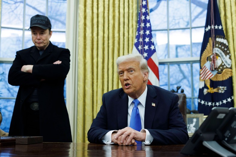 Donald Trump and Elon Musk in the Oval Office of the White House, Washington, February 11, 2025.