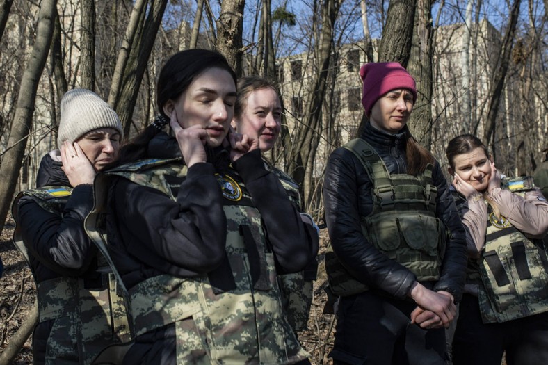 A group of Ukrainian women during training with instructors with experience on the battlefield as part of military training, Kiev, Ukraine, March 2, 2024.
