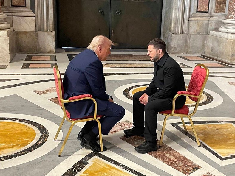 The President of Ukraine Wołodymyr Zelnski during a meeting with US President Donald Trump in the Basilica of Saint Peter in the Vatican, April 26, 2025.