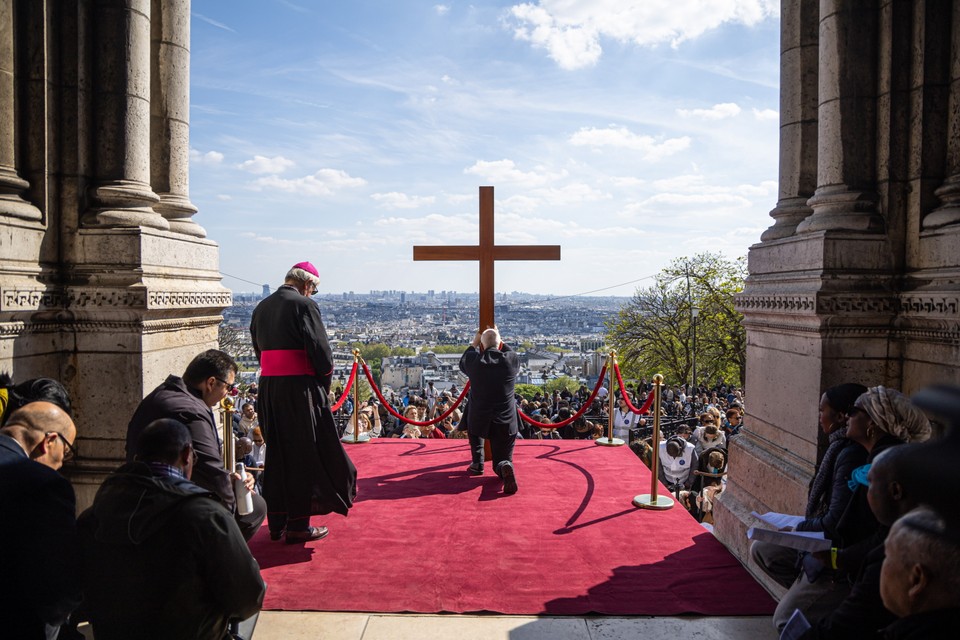 Archbishop of Paris Laurent Ulrich leading the Way of the Cross on Good Friday in the Sacre-Coeur Basilica (Sacred Heart) at the Montmartre top