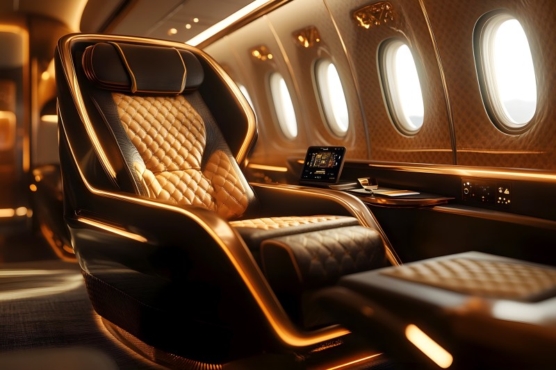 Luxurious leather chair in the first class of an airplane, with ambient lighting and modern control panel. First-place. Generated by artificial intelligence. Source: OSEROVA NATALIA | Dreamstime.com