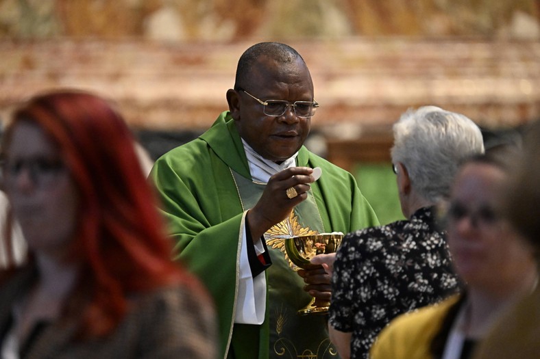 Cardinal Fridolin Ambongo Besung during a mass on the occasion of the Synod of Bishops in the Basilica of Saint Peter. Vatican, October 13, 2023