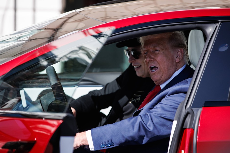 President Donald Trump and Elon Musk in Tesla in front of the White House. Washington, March 11, 2025
