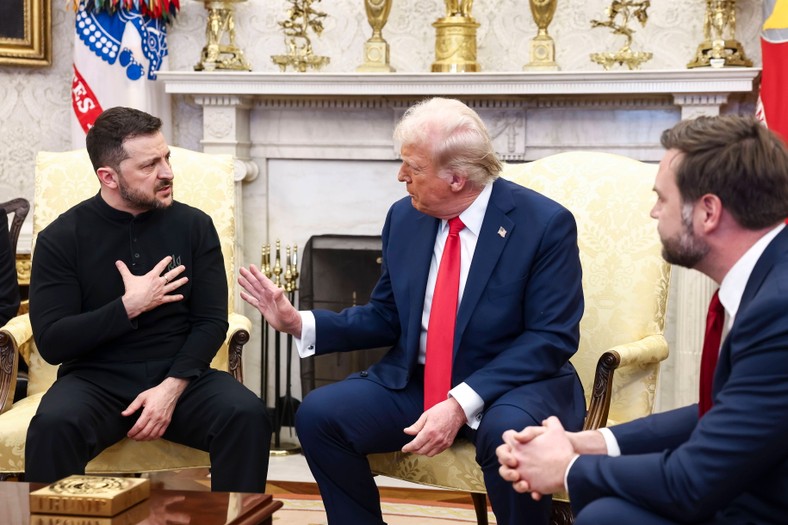 The President of Ukraine Wołodymyr Zelnski, US President Donald Trump and US Vice President JD Vance in the Oval Office of the White House, Washington, USA, February 28 2025.