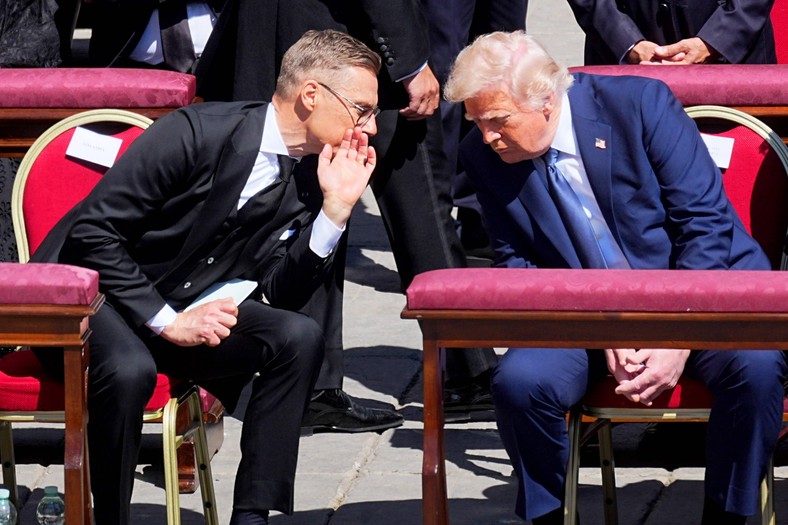 US President Donald Trump and President of Finland Alexander Stubb talk during the funeral mass of Pope Francis at St. Piotr in the Vatican, April 26, 2025.