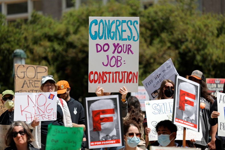 People participate in a protest rally against the policy of Donald Trump in Oakland, California, USA, 19 April 2025.