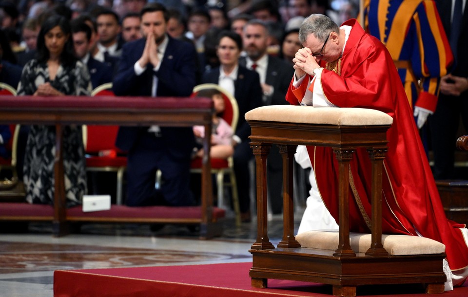 Holy Father Delegate, Italian Cardinal Claudio Ggerotti, prefect of dicasteries for Eastern Churches, during the celebration of the Lord's Passion in the Basilica of St. Piotr in the Vatican
