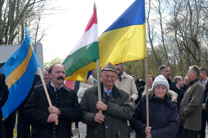 Participants of the opening of the new border crossing of Wałyk Palad-Nagyhodos on the border between Ukraine and Hungary, Zakarpacie, Ukraine, April 8, 2025.