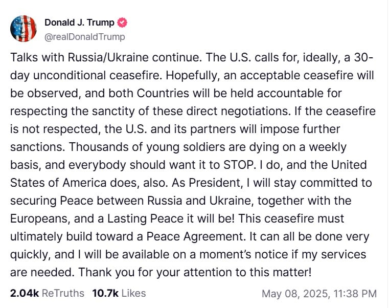 Trump called for Ukraine and the Russian Federation to 30-day 