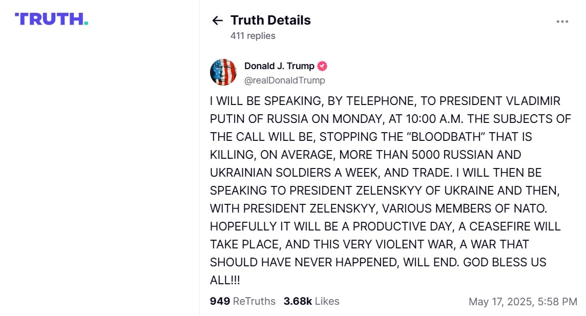 Trump called the date and time of his next call to Putin, then he intends to call Zelensky photo 1