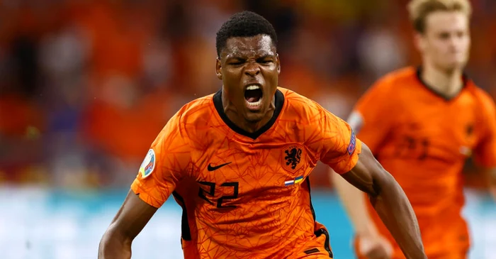 Denzel Dumfries, in his national team shirt