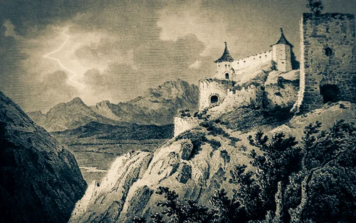 Rasnov fortress, engraving by Ludwig Rohbock JPG