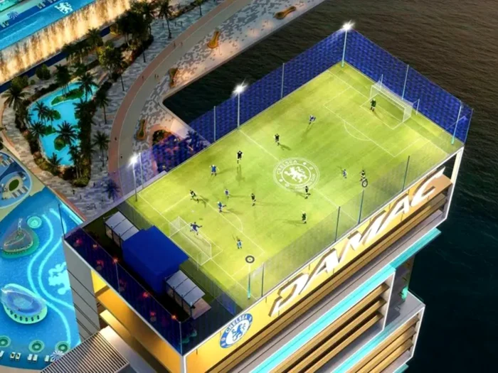 The football field on the roof of the apartment/photo complex: Damac Properties
