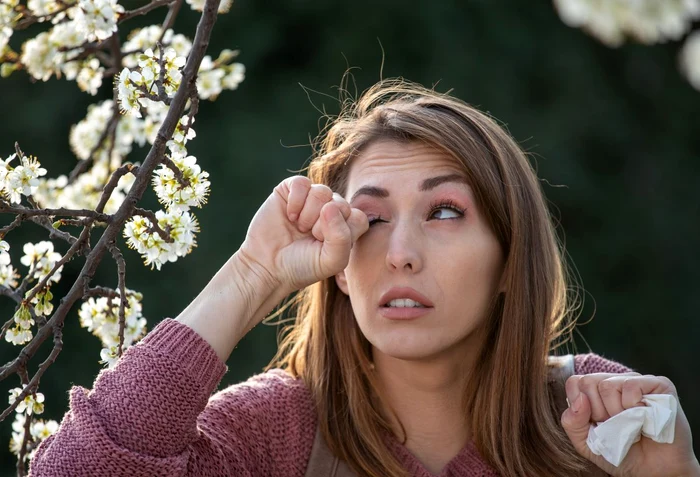 Woman scratching in the eyes because of seasonal allergies next to a flowering tree the truth
