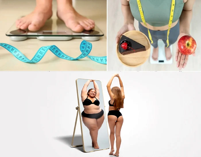 Collage illustrating the fight with weight: weighing, food choices and bodily perception DMS