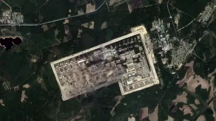 A satellite image of April 24 shows extensive damage Planet Labs photo