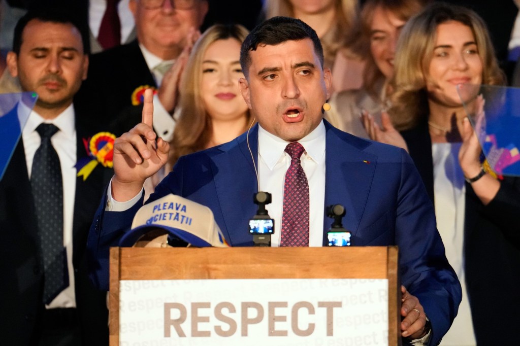 George Simion makes statements after displaying Exit-Poll results of May 18, 2025. Photo: Vadim Ghirda / AP / Profimedia