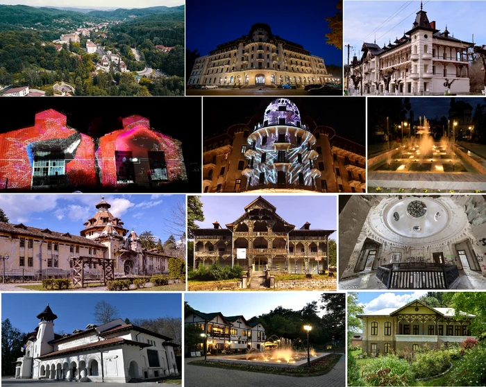 Collage of images with various places, buildings and accommodation and treatment units in Govora, Vâlcea