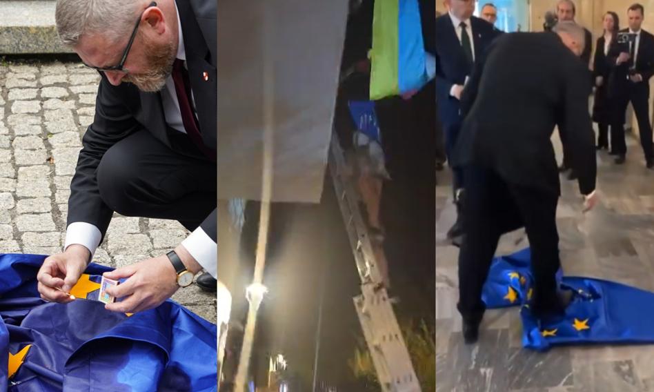 Grzegorz Braun z kampanią w cieniu śledztw. "Walczy" m.in. z unijnymi flagami