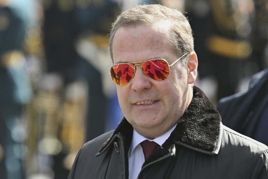 Dmitry Medvedev, one of the most famous Russian war hawks, in the photo during the parade on the occasion of victory day in 2025.