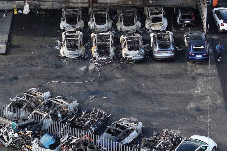 Fire in the Tesla Motor Show, in which 16 cars burned down, Rome, Italy, March 31, 2025.