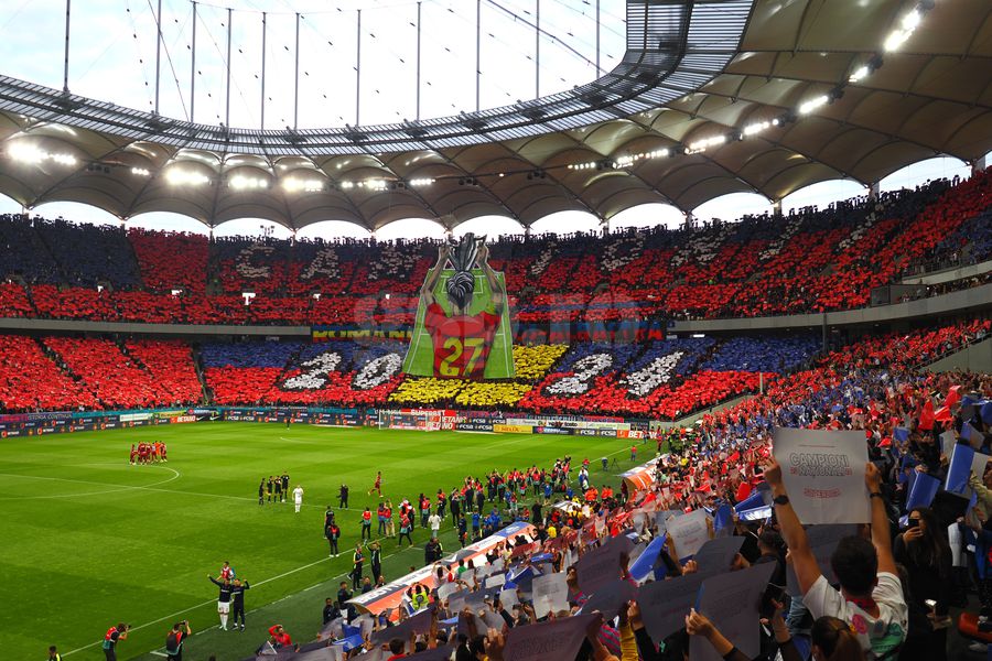 Scenografie spectaculoasă în FCSB – CFR Cluj FCSB - Universitatea Craiova, fiesta roș-albastră din stadion până în Piața Constituției: toate detaliile în timp real din ziua în care campioana primește marele trofeu!
