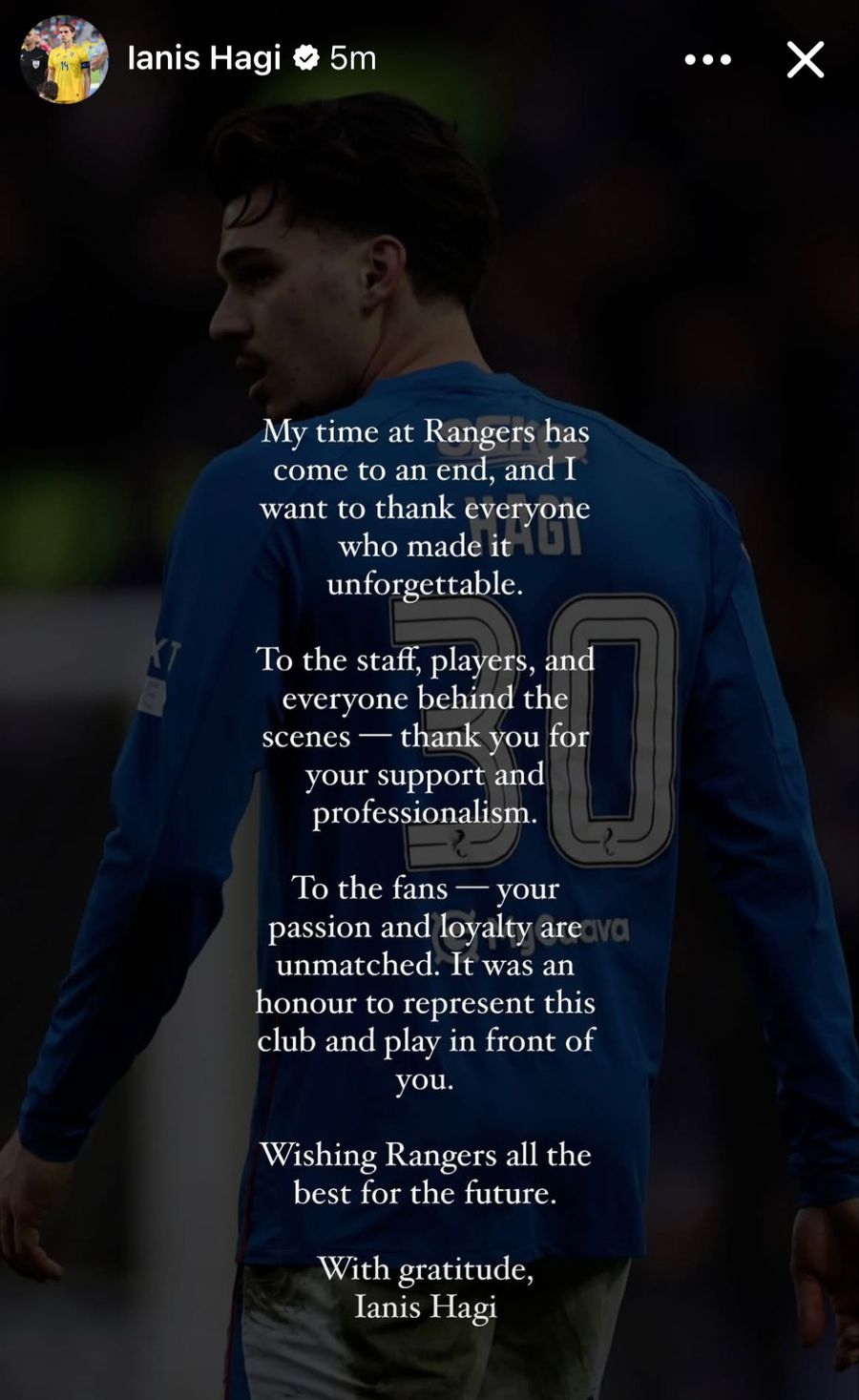 What Ianis Hagi posted, immediately after Rangers announced the departure: 