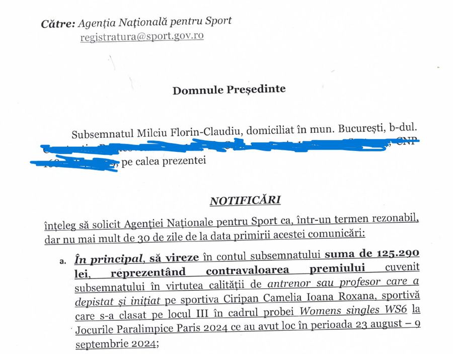 Address registered with ANS on February 26, 2025 (Facsimil) The discoverer of Camelia Ciripan, bronze medals at the Paralympic Games, sued the National Sport Agency