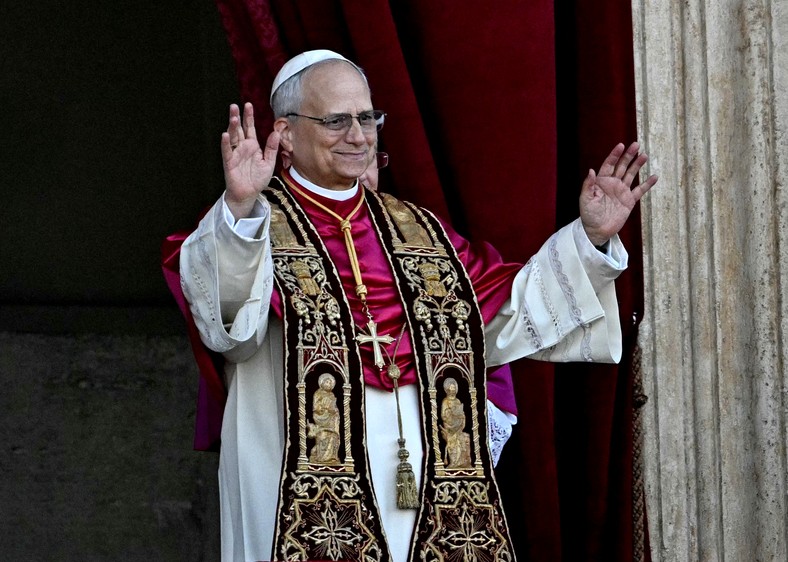 New Pope Robert Prevost, who took the name Leon XIV, on the balcony of the Basilica of St. Piotr in the Vatican, May 8, 2025.