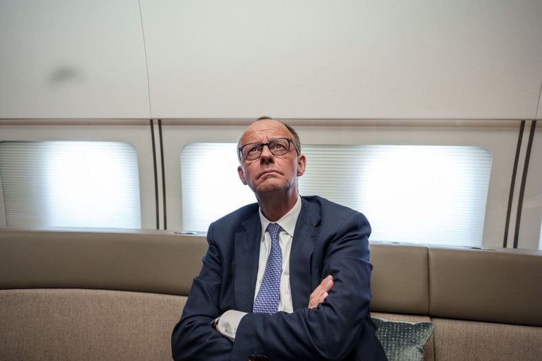 German Chancellor Friedrich Merz aboard the government aircraft on the way to a meeting with Prime Minister Donald Tusk in Warsaw, May 7, 2025.
