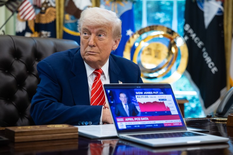 US President Donald Trump while watching news about the stock exchange at a press conference in an oval office at the White House in Washington, DC, USA, May 30, 2025.