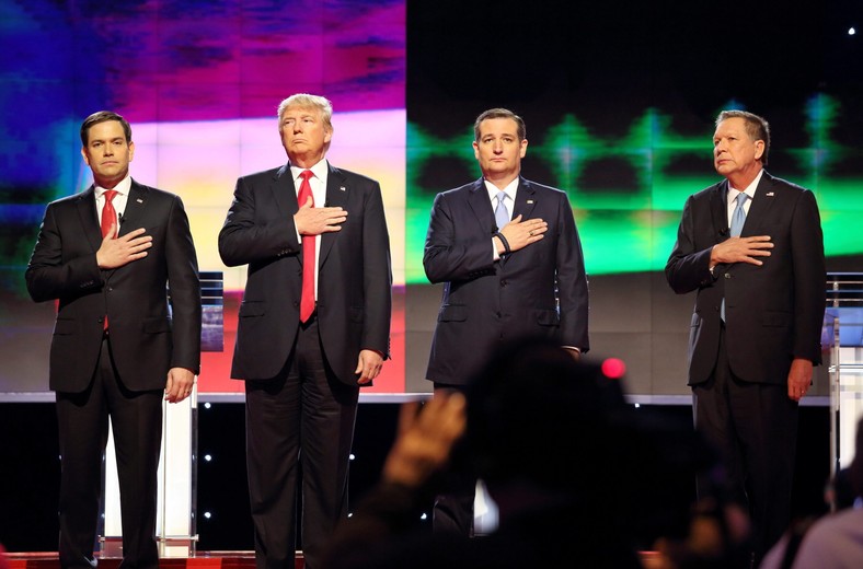 Marco Rubio, Donald Trump, Ted Cruz and John Kasich during the debate of the Republican Party in 2016.