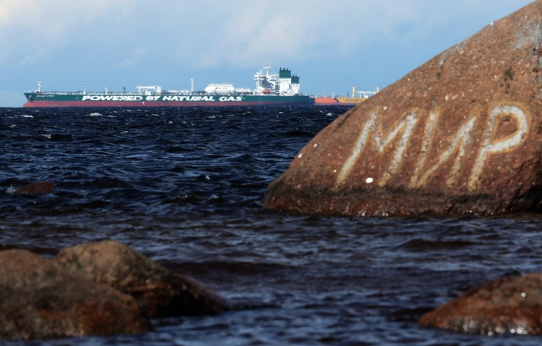 Tanker belonging to the Russian company Sovcomflot behind the rock with the inscription "Mir" (peace) in the Baltic Sea in the Leningrad region in Russia, May 3, 2025.