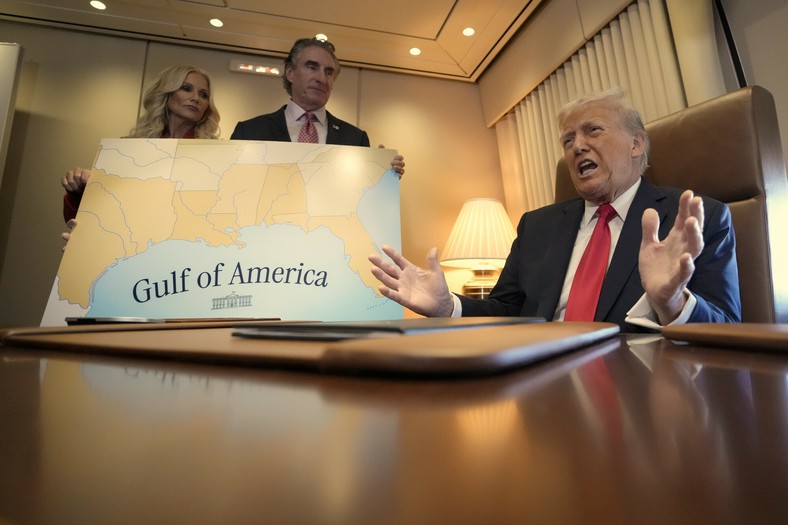 President Donald Trump at Air Force One while announced on February 9 a day of the Gulf
