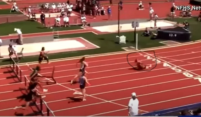 The athlete had to call on the tumbles to finish the race