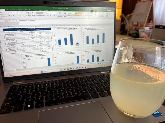 Economic graphs opened on a laptop next to a glass of lemonade