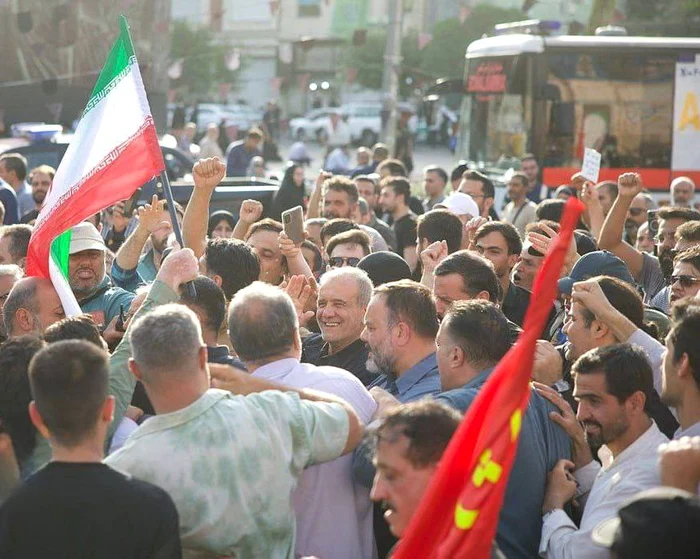 Iranian President Masoud Pezeshkian, at a protest in the center of Tehran Photo: X
