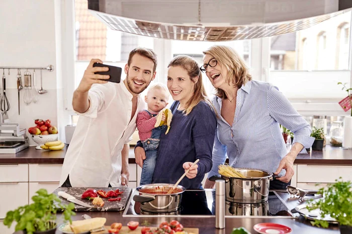 Happy family in the kitchen collage DMS