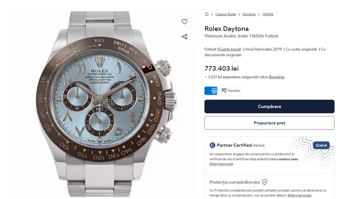 Rolex Daytona watch, put up for sale for 773,403 lei